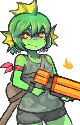 acoustic_guitar clothing crossgender female fin green_body green_hair green_skin guitar hair looking_at_viewer monster_girl_(genre) musical_instrument plucked_string_instrument ranged_weapon solo string_instrument weapon wahae nuclear_throne vlambeer fish_(nuclear_throne) aquatic fish humanoid