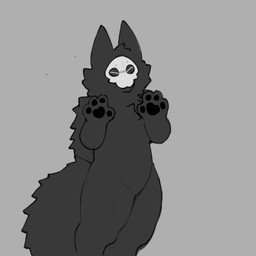 anthro big_tail black_body black_fur eyes_closed fur looking_at_viewer male paws simple_background solo tail kreivi_ruche changed_(video_game) puro_(changed) canid canine canis mammal wolf 1:1 digital_media_(artwork) monochrome