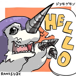blue_body blue_fur claws drill drill_nose feral fur gesture male smile solo waving ranksyqk bandai_namco digimon digimon_(species) drimogemon 1:1