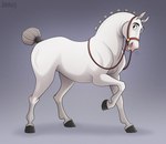 black_eyes black_hooves braided_mane braided_tail bridle feral grey_background grey_tail harness hooves looking_at_viewer male raised_hoof raised_leg reins simple_background solo tail white_body jenery dreamworks the_road_to_el_dorado altivo equid equine horse mammal signature