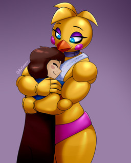 anthro beak bib blush blush_stickers clothing duo eyelashes female hug long_eyelashes orange_beak panties pink_clothing pink_panties pink_underwear underwear rakoongrey five_nights_at_freddy's five_nights_at_freddy's_2 scottgames abby_schmidt chica_(fnaf) toy_chica_(fnaf) avian bird chicken galliform human mammal phasianid robot_anthro hi_res