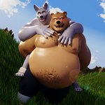 5_fingers anthro black_nose blush brown_body cloud duo feet fingers grass grey_body male navel nipples obese open_mouth overweight overweight_anthro overweight_male plant scar sky teeth tongue tongue_out genshiba butternut_(genshiba) bear canid canine canis mammal wolf 1:1 2023 hi_res