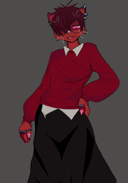 anthro clothed clothing ear_piercing ear_ring facial_piercing fangs grey_background hair hair_over_eyes looking_at_viewer male nose_piercing one_fang piercing pink_eyes red_body ring_piercing simple_background solo standing teeth tongue tongue_out whiskers felid feline mammal
