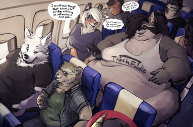 aircraft airplane ambiguous_gender anthro big_breasts black_body black_clothing black_fur black_hair black_shirt black_t-shirt black_topwear breasts brown_body brown_fur clothed clothing duo_focus eyewear facial_markings female fur glasses green_clothing green_shirt green_t-shirt green_topwear grey_body grey_fur group hair head_markings humanoid_hands long_hair male markings mask_(marking) medium_hair navel obese obese_anthro obese_female open_clothing open_shirt open_topwear orange_body orange_fur overweight overweight_anthro overweight_female overweight_male rectangular_glasses round_glasses shirt sitting speech_bubble t-shirt talking_to_another tank_top text text_on_clothing text_on_shirt text_on_tank_top text_on_topwear thought_bubble topwear vehicle wearing_glasses white_body white_clothing white_fur white_hair white_shirt white_tank_top white_topwear silverfang725 selissculpts_(character) absurd_res digital_drawing_(artwork) digital_media_(artwork) english_description english_text hi_res