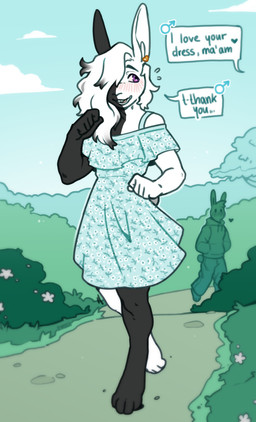 admiring anthro blush blush_lines clothed clothing compliment crossdressing dress ear_piercing embarrassed floral_dress fur male multicolored_body multicolored_fur nature_background piercing public purple_eyes smile smiling_at_another solo walking kyrosh domestic_rabbit harlequin_rabbit lagomorph leporid mammal oryctolagus rabbit absurd_res hi_res