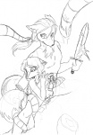 duo erection genitals hair long_hair male melee_weapon penis sword tentacles weapon fox_lee godzuki zuki canid canine mammal line_art monochrome sketch