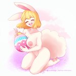 anthro big_breasts blonde_hair breasts easter_egg eyes_closed feet female fluffy fluffy_tail gesture hair hand_gesture holidays smile solo tail v_sign inosagi easter one_piece carrot_(one_piece) lagomorph leporid mammal rabbit 1:1