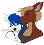 anthro black_nose blue_hair brown_hair clothed clothing duo female female/female hair open_mouth romantic romantic_couple smile teeth tongue kittydee charlene_(pearlhead) chelsea_(pearlhead) canid canine canis kangaroo macropod mammal marsupial wolf 2020 digital_media_(artwork)