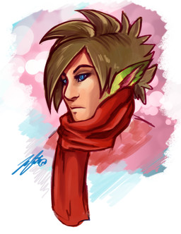 bangs black_eyebrows blue_eyes brown_hair closed_frown colorful_background eyebrows eyelashes female female_humanoid frown green_ears hair humanoid_pointy_ears light mouth_closed not_furry pointy_ears pupils red_scarf scarf short_hair simple_background slit_pupils solo spiky_hair tan_body tan_skin three-quarter_view gaelfox gael_(gaelfox) humanoid 2014 absurd_res colored digital_drawing_(artwork) digital_media_(artwork) english_description headshot_portrait hi_res lighting portrait shaded signature