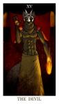 anthro black_body black_fur canid canine canis cape card card_template clothed clothing crown embers feralise fortune_telling fur headgear holding_object holding_torch major_arcana male mammal moongara muscular muscular_anthro muscular_male nipples pawpads red_eyes solo tarot tarot_card the_devil_(tarot) topless torch wolf