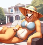 anthro bikini black_lips breasts building cleavage clothed clothing female floppy_ears front_view fur hat headgear headwear house lips lying midriff navel on_side outside partially_clothed solo sun_hat swimwear tan_body tan_fur tongue tongue_out two-piece_swimsuit tenynn bird_dog canid canine canis domestic_dog golden_retriever hunting_dog mammal retriever hi_res