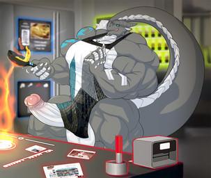 anthro apron balls biceps big_muscles big_penis clothing cooking cookware food frying_pan genitals grey_body huge_muscles huge_penis hyper hyper_muscles kitchen kitchen_utensils male meat multicolored_body muscular omelette penis sausage solo tail tattoo tools triceps two_tone_body white_body danandnite kardukk_(character) kobold scalie digital_drawing_(artwork) digital_media_(artwork) hi_res shaded