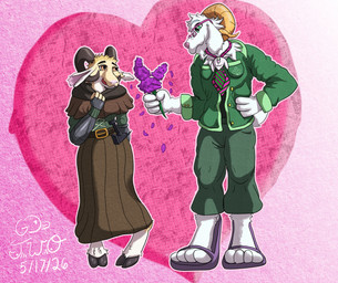 accessory anthro armor belt belt_buckle brown_clothing brown_eyes buckle cheek_tuft cleric clothing cowl curled_horn digitigrade dress duo eyewear facial_hair facial_tuft female floppy_ears flower footwear fur gauntlets giving_flower glasses gloves goatee green_clothing green_eyes hammer hand_on_hip handwear heart_background hooves horn laces larger_male lilac_(flower) long_dress love male monk neck_tuft necktie petals plant sandals shoes simple_background size_difference smile tan_body tan_fur tools tuft unguligrade wearing_glasses white_body white_fur go-two bovid caprine goat mammal absurd_res hi_res