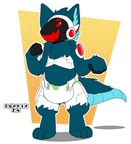 4_fingers 4_toes ambiguous_gender anthro blue_body blue_fur blue_inner_ear blue_inner_ear_fluff blue_tail border clean_diaper clothed clothing diaper diaper_only dotted_background feet fingerless_(marking) fingers fur inner_ear_fluff logo machine neck_tuft open_mouth open_smile pattern_background protogen_visor simple_background smile solo standing tail three-quarter_view toes topless tuft wearing_diaper white_border white_diaper littlecopper heinrich_(owlloverhoot) protogen artist_logo full-length_portrait hi_res portrait source_request