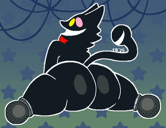 anthro big_butt black_body black_fur bow_tie butt fur heterochromia looking_back male open_mouth pattern_background pink_eyes red_bow_tie simple_background sitting solo spread_legs spreading star_pattern tail thick_thighs yellow_eyes funnybunny deltarune undertale_(series) cat_mike_(deltarune) mike_(deltarune) domestic_cat felid feline felis mammal 2025 english_description