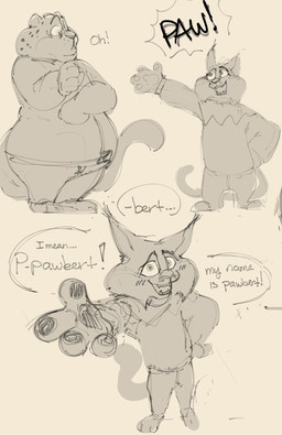 anthro blush bottomwear clothed clothing duo exclamation_point fangs first_person_view flustered front_view fur hand_on_hip hand_on_own_hip looking_at_another male male/male markings obese obese_anthro obese_male overweight overweight_anthro overweight_male pants pose raised_hand sharp_teeth shirt side_view spots spotted_body spotted_fur standing sweater tail teeth text topwear sushiamazing disney zootopia benjamin_clawhauser pawbert_lynxley canada_lynx cheetah felid feline lynx mammal 2025 digital_media_(artwork) english_text monochrome sketch
