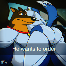 anthro armor black_nose blue_body blue_eyes blue_fur brown_body brown_fur butt caption collar collar_tag dipstick_tail duo fur male markings mouth_closed multicolored_body multicolored_fur orange_eyes red_collar snout tail tail_markings text two_tone_body two_tone_fur white_body white_fur white_tail_tip fabfelipe he_wants_to_order road_rovers blitz_(road_rovers) exile_(road_rovers) canid canine canis dobermann domestic_dog husky mammal nordic_sled_dog pinscher spitz 1:1 2022 chromatic_aberration digital_drawing_(artwork) digital_media_(artwork) english_text hi_res meme