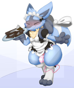 3_toes anthro blue_body blue_fur blush bodily_fluids candy chocolate clothed clothing crossdressing dessert eyes_closed feet femboy food fur hair legwear maid_uniform male open_mouth panties sex_toy simple_background smile solo standing sweat teeth thigh_highs toes tongue underwear uniform vibrator backsash nintendo pokemon canid canine generation_4_pokemon lucario mammal pokemon_(species) 2020 absurd_res digital_media_(artwork) hi_res
