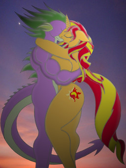 anthro anthro_on_anthro anthrofied big_breasts breasts cutie_mark duo eyes_closed female hair horn interspecies kiss_on_lips kissing male male/female multicolored_hair muscular night nude outside purple_body romantic romantic_ambiance romantic_couple sky sunset tail two_tone_hair yellow_body wolfe2150 equestria_girls friendship_is_magic hasbro my_little_pony mythology spike_(mlp) sunset_shimmer_(eg) dragon equid equine mammal mythological_creature mythological_equine mythological_scalie scalie unicorn 2014 3:4 absurd_res hi_res