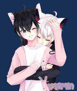 animal_ears clothing duo ear_piercing ear_ring eyes_closed hair hug hugging_another hugging_from_behind male male/male one_eye_closed piercing ring_piercing shirt smile topwear yumemin animal_humanoid humanoid alpha_channel
