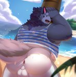 anthro anus backsack balls beach butt clothing detailed_background genitals grey_body kemono male outside overweight overweight_male palm_tree plant seaside shirt solo topwear tree water aipangpangdeyua tamacolle yamato_(tamacolle) canid canine canis mammal wolf 2023 hi_res