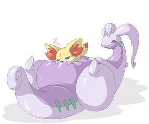 ambiguous_gender belly bodily_fluids duo simple_background sleeping sweat tail white_background dlrowdog mythology nintendo pokemon dragon fennekin generation_6_pokemon goodra mythological_creature mythological_scalie pokemon_(species) scalie 2015 6:5 hi_res