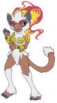 anthro armor barefoot beelzemon_(artist) biped breasts cleavage clothed clothing feet female fire fist flaming_hair generation_4_pokemon glaring infernape looking_away nintendo pokemon pokemon_(species) pseudo_hair quinn_the_infernape raised_arm raised_fist solo standing unconvincing_armor