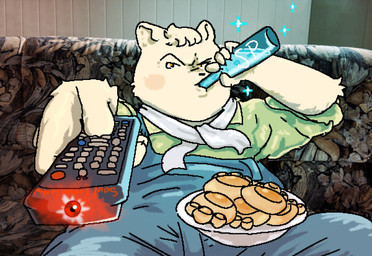 anthro blush bottle bread clothing container controller drinking food humor male overalls photo_background remote_control solo realmaltfuga cyberconnect2 fuga:_melodies_of_steel little_tail_bronx sipping_beer_on_a_couch_stock_image boron_brioche domestic_cat felid feline felineko felis mammal draw_over hi_res meme photography_(artwork)