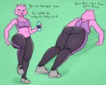 anthro athletic athletic_anthro athletic_female black_bottomwear black_clothing black_pants bottle bottomwear breasts butt cleavage clothed clothing container crop_top dialogue exercise female footwear fully_clothed fur green_background green_eyes holding_bottle holding_container holding_object midriff navel on_one_leg pants pink_body pink_fur purple_clothing purple_crop_top purple_shirt purple_topwear push-up rear_view shirt shoes simple_background solo standing sweatpants talking_to_viewer text topwear water_bottle whiskers yoga_pants oystercatcher7 bojack_horseman netflix princess_carolyn domestic_cat felid feline felis mammal 2020 5:4 english_text hi_res