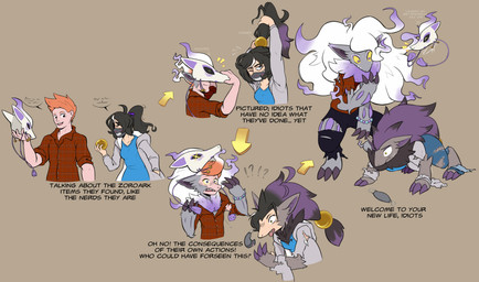 animal_mask anthro biped black_hair bracelet claw_growth claws clothed clothing cursed_object duo female finger_claws fox_mask fur fur_growth grey_body grey_fur growth hair haunted_objects human_to_anthro interrobang jewelry laugh male mane mask orange_hair pattern_clothing pattern_topwear plaid plaid_clothing plaid_topwear ponytail purple_body purple_fur purple_hair shocked simple_background snout snout_growth species_transformation surprised_expression sweater text toe_claws topwear torn_clothing transformation transformation_sequence wearing_mask white_body white_fur white_hair yellow_eyes ditzy_pup nintendo pokemon canid canine generation_5_pokemon generation_8_pokemon hisuian_form hisuian_zoroark human mammal pokemon_(species) regional_form_(pokemon) shiny_pokemon zoroark absurd_res english_text hi_res