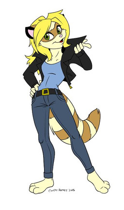 3_toes 5_fingers barefoot belt blonde_hair bottomwear clothing denim denim_bottomwear denim_clothing feet female fingers fur green_eyes hair humanoid_heel jacket jeans markings pants pink_nose plantigrade shirt solo striped_markings striped_tail stripes tail tail_markings toes topwear yellow_body yellow_fur shadowpantherkat crimestrikers g.t._overley animal_humanoid humanoid mammal mammal_humanoid procyonid procyonid_humanoid raccoon_humanoid 2015 full-length_portrait portrait signature