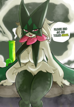 anthro big_breasts bodily_fluids bong breast_curtains breasts cleavage clothed clothing dialogue drugs female fog green_text looking_at_viewer slightly_chubby solo sweat sweatdrop text thick_thighs wide_hips lucyfercomic nintendo pokemon touch_grass felid feline generation_9_pokemon mammal meowscarada pokemon_(species) english_text hi_res