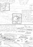 aircraft airship anthro battle bear bird's-eye_view black_and_white cannon clothing comic destroyed_vehicle destruction dialogue door duo english_text falling folded_ears fur hair high-angle_view hole_(pit) kitfox-crimson lagomorph leporid long_ears male mammal military_hat military_uniform monochrome onomatopoeia open_mouth rabbit ranged_weapon sea sketch smoke sound_effects speech_bubble stolen_generation text uniform vehicle warzone water weapon window worried