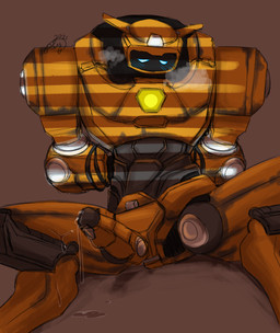 arms_tied bdsm blue_blush blue_eyes blush bodily_fluids bondage bound brown_background cum cum_on_leg digitigrade ejaculation genital_fluids genitals hands_behind_back machine male not_furry penis screen screen_face simple_background solo steam yellow_body pyromaniacblujay roboquest guardian_(roboquest) humanoid robot robot_humanoid absurd_res hi_res