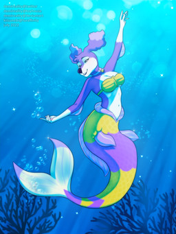 anthro black_eyebrows black_nose blue_eyes bra breasts bubble clothing collar eyebrows female forked_tail fur glistening glistening_eyes gloves_(marking) head_tuft markings narrowed_eyes purple_body purple_ears purple_fur purple_scales scales smile solo split_form striped_markings striped_tail stripes tail tail_markings text tuft underwater underwear unusual_anatomy unusual_tail water white_body white_fur yellow_body yellow_bra yellow_clothing yellow_scales yellow_underwear demireality aquatic canid hybrid mammal merfolk 2022 3:4 artist_name dated hi_res