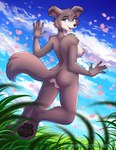 2020 5_fingers anthro areola beastars blue_eyes breasts butt canid canine canis cloud digital_media_(artwork) female fingers genitals hi_res juno_(beastars) ketty looking_back mammal nipples nude open_mouth open_smile pawpads pussy sky smile solo text url wolf