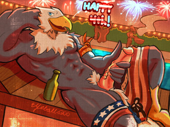 alcohol american_flag anthro armband ball_tuft beer beverage blue_eyes bottomwear bottomwear_down chair clothed clothing fireworks furniture genitals glistening glistening_body glistening_genitalia glistening_penis grill group hand_on_head hand_on_penis holidays humanoid_genitalia humanoid_penis looking_at_viewer lying male masturbation muscular on_back open_mouth outside partially_clothed penis poolside pose pubes public public_nudity shorts shorts_down smile solo sunset swimming_pool swimming_trunks swimwear tuft united_states_of_america vein veiny_penis eyeball6300_(chiv) 4th_of_july american_eagle accipitrid accipitriform avian bald_eagle bird eagle sea_eagle 4:3 hi_res pinup