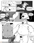4:5 anthro balls bear belly butt canid canine canis comic dialogue duo english_text genitals greyscale hi_res male male/male mammal misterstallion monochrome nude penis polar_bear profanity text ursine wolf