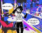 abstract_background anthro bar bottomwear clothing collar dialogue gesture hair hair_over_eye half-closed_eyes male narrowed_eyes one_eye_obstructed psychedelic_background shirt shorts solo spade_tail speech_bubble spiked_collar spikes t-shirt tail text topwear waving sinsquest snaffs_(sinsquest) bat mammal english_text andromorph_(lore) nonbinary_(lore)