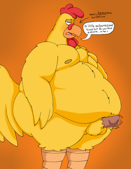 anthro avian_legs balls belly belly_overhang belly_tuft big_belly big_butt blush blushing_at_viewer breasts butt dialogue embarrassed_horny erection feathered_body feathers fluffy_balls genitals holding_breast holding_moob male moobs nipples obese obese_anthro obese_male orange_background overweight overweight_anthro overweight_male penis pent_up requesting sex_request simple_background solo speech_bubble sunken_eyes tail tail_feathers throbbing throbbing_penis tired tired_eyes tuft winged_arms wings pt80s0up 20th_century_fox family_guy ernie_the_giant_chicken avian bird chicken galliform phasianid cel_shading digital_drawing_(artwork) digital_media_(artwork) hi_res shaded