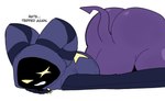 ambiguous_gender ass_up big_butt bottomless butt clenched_teeth clothed clothing dialogue empty_eyes eye_scar facial_scar grey_clothing grey_hoodie grey_topwear hoodie hoodie_only lying not_furry on_front open_mouth purple_body scar shadow_face sharp_teeth side_view solo spade_tail tail teeth text thick_thighs topwear topwear_only yellow_eyes crispyattucks mushelle_(crispyattucks) humanoid imp tailed_humanoid 2024 digital_media_(artwork) english_text flat_colors female_(lore)