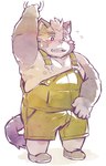 anthro blush bulge clothing humanoid_hands kemono male nipples overalls overweight overweight_male simple_background solo white_background nekomarudon tanukimaru felid feline mammal 2021