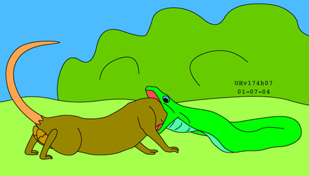 balls blue_eyes brown_body brown_fur day duo feral feral_pred feral_prey fur genitals grass green_body head_in_mouth male male/male male_feral male_prey nude nude_male open_mouth oral_vore outside plant shrub size_difference sky tail vore urbanhermit mammal murid murine rat reptile rodent scalie snake 2001 dated