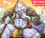 5_fingers abs anthro asian_clothing beard biceps biped black_nose body_hair bulge chest_hair claws clothed clothing east_asian_clothing eyebrows facial_hair fingers fishing_rod fundoshi fur grey_body grey_eyebrows grey_fur grey_tail humanoid_hands inner_ear_fluff japanese_clothing male muscular muscular_anthro muscular_male muscular_thighs navel nipples pecs pubes purple_pubes sitting solo spread_legs spreading tail thick_eyebrows tuft underwear yellow_clothing yellow_fundoshi yellow_sclera yellow_underwear weedwolf sdorica law_(sdorica) canid canine canis mammal wolf 6:5 colored hi_res