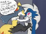 anthro biped black_body black_fur blue_body blue_fur blush dialogue female fur male red_eyes speech_bubble white_body white_fur yellow_body yellow_fur sealer4258 nintendo pokemon seal_(sealer4258) braixen canid canine generation_6_pokemon generation_7_pokemon lycanroc mammal midnight_lycanroc pokemon_(species) shiny_pokemon 4:3