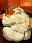 anthro asian_clothing belly blush butt clothing east_asian_clothing eyes_closed fundoshi humanoid_hands japanese_clothing kemono male overweight overweight_anthro overweight_male scar solo text underwear raichoclub bear mammal 2020 hi_res japanese_text