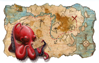 ambiguous_gender feral mantle_(mollusk) map red_body scratch siphon_(anatomy) solo treasure_map hibbary aquatic cephalopod coleoid mollusk octopodiform