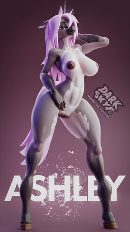 anthro areola big_breasts breasts dark_areola dark_nipples digitigrade eyeshadow female genitals glistening glistening_genitalia grey_body hair hooves horn huge_breasts lips looking_at_viewer makeup nipples nude orange_eyes pink_hair pink_tail pose posing_for_picture simple_background solo tail text thick_lips thick_thighs unicorn_horn vulva white_body darkskye_(artist) psychojohn2_(modeler) mythology ashley_(darkskye) equid equine mammal mythological_creature mythological_equine unicorn 3d_(artwork) 9:16 digital_media_(artwork) hi_res pinup