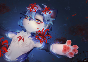 anthro flower male male_anthro plant puddle raining solo young young_male fur_alasky canid canine canis mammal wolf absurd_res hi_res