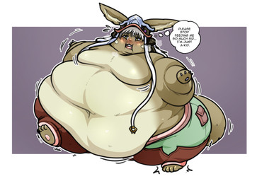 anthro belly big_belly brown_body brown_fur female fur huge_belly obese overweight solo speech_bubble text ecchipandaa made_in_abyss nanachi narehate 2022 hi_res